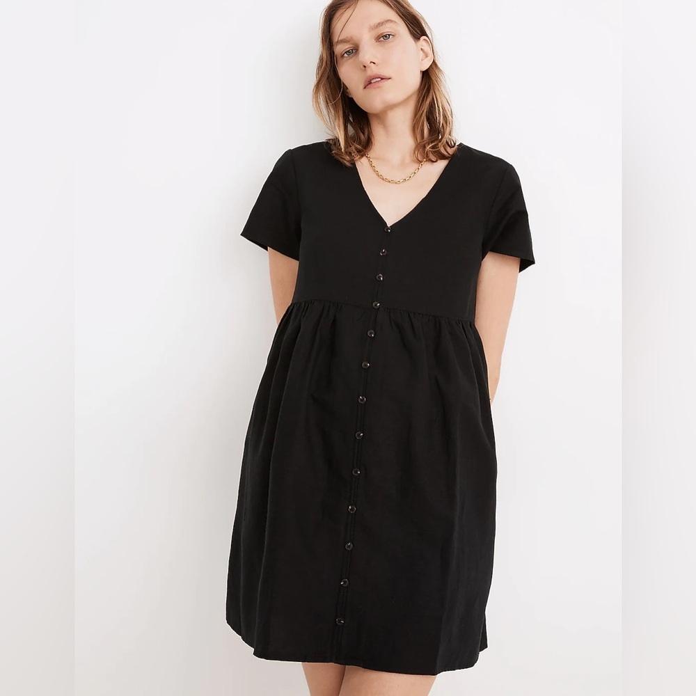 Madewell V-Neck Button Front Linen Blend Minidress in Black - Picture 1 of 6